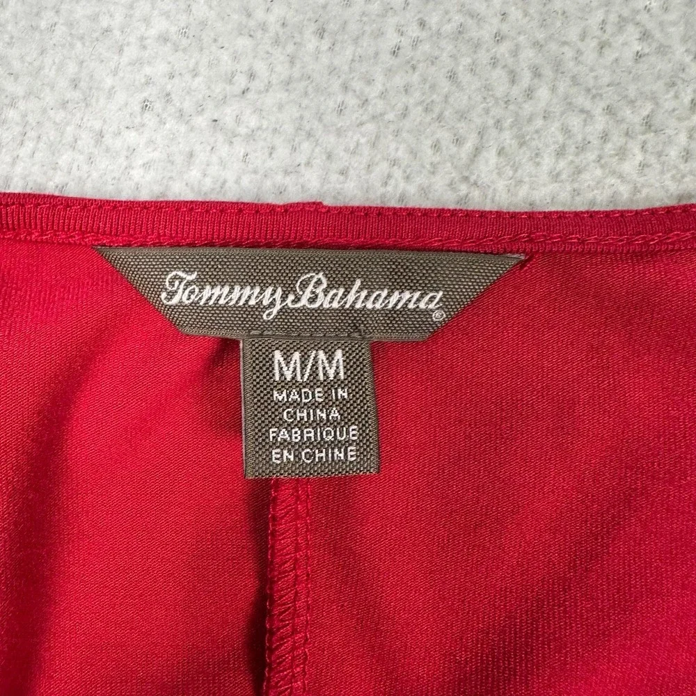 Tommy Bahama Dress Womens Medium Tambour‎ Panel Shirred 3/4 Sleeve Ruched Red
